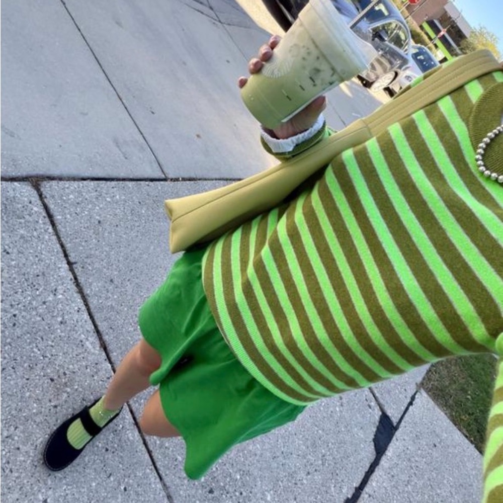 Free people Malibu striped cashmere crewneck sweater lime green